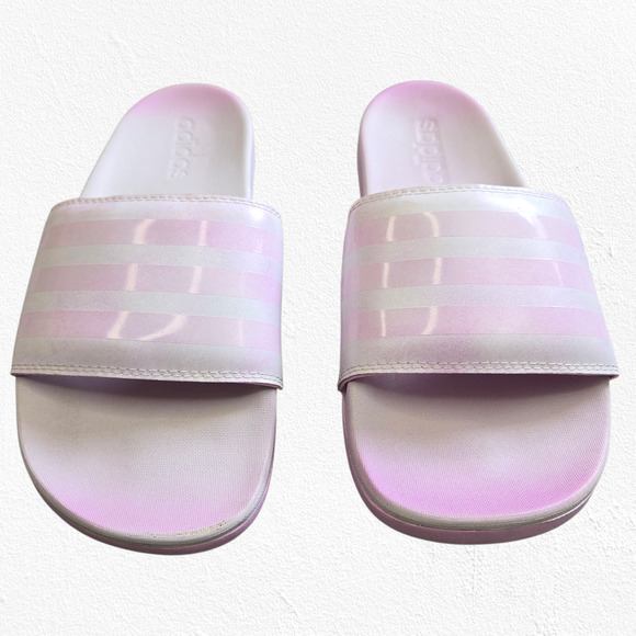 Adidas Adilette Comfort Slides Pink White Striped Slip-On Sandals Size 9 - Picture 2 of 14